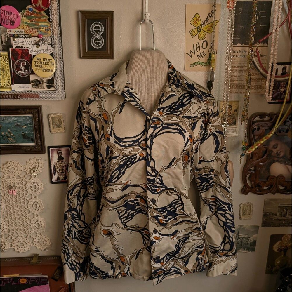 Vintage 60s/70s Abstract Button Down Shirt Men's Small Beige